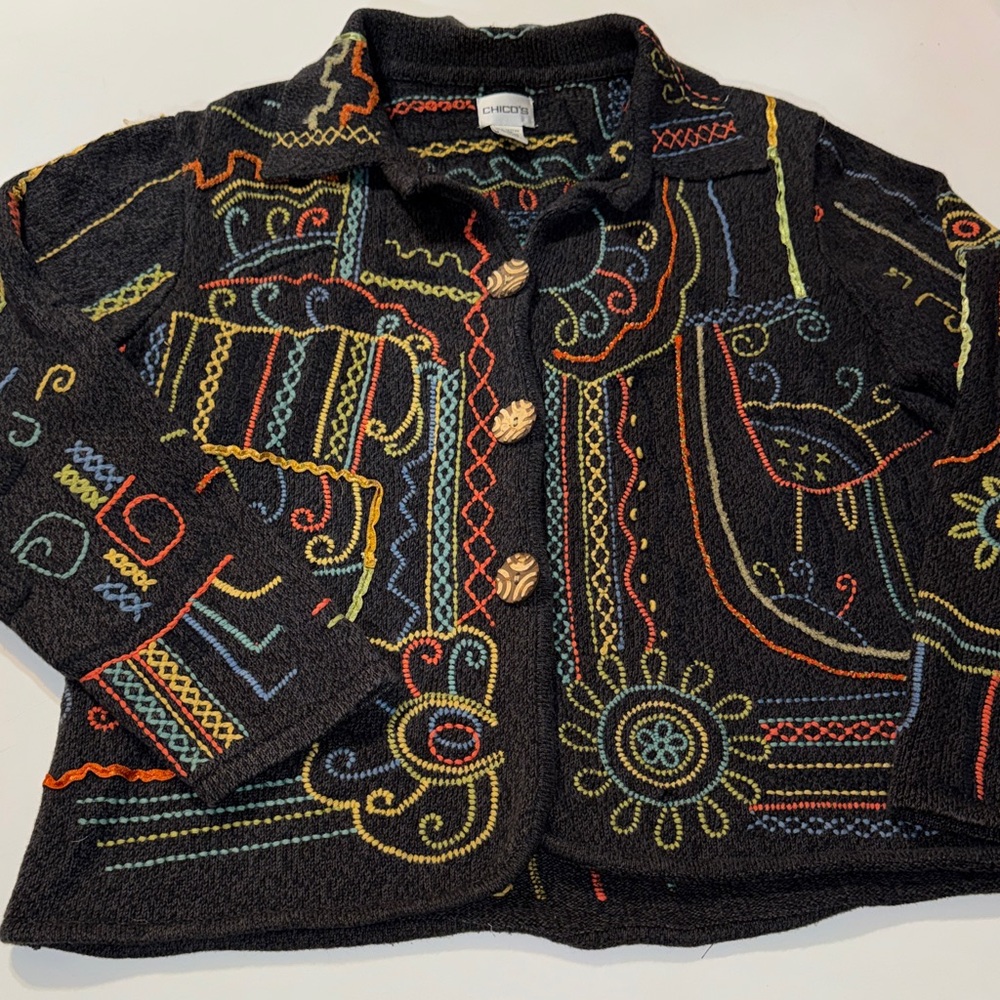 Chico's vintage Black Multicolor‎ Embroidered Hippie Jacket
